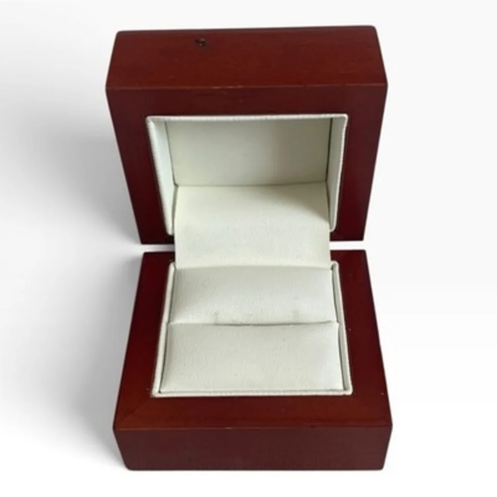 Glossy Mahogany Wood Double Slot Ring Box Set of 2 White Leather Interior